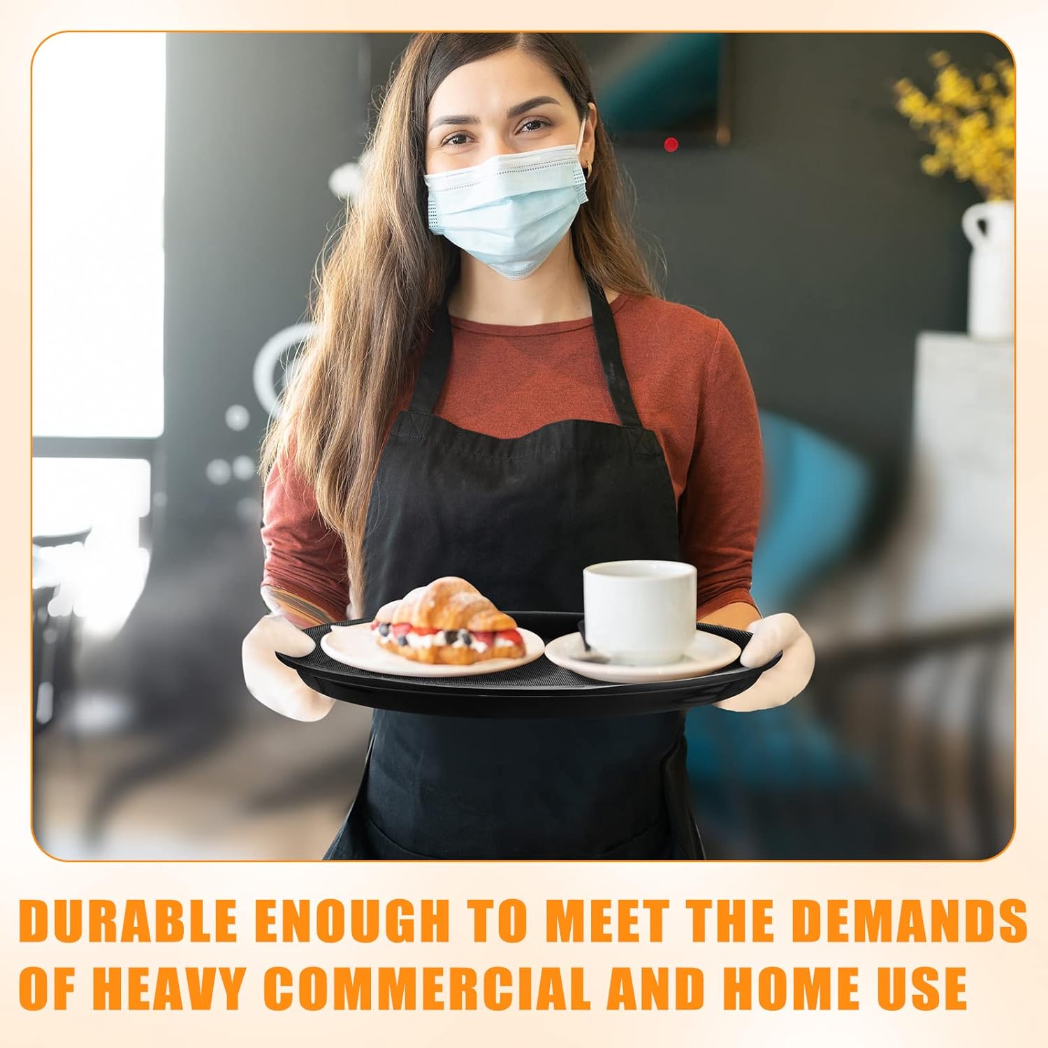 Zopeal 8 Pieces Black Round Restaurant Serving Tray, Plastic Non Slip Surface Food Meals Server Tray with Raised Edges for Home, Kitchen, Restaurant, Cafeteria, Bar (14") - Image 5