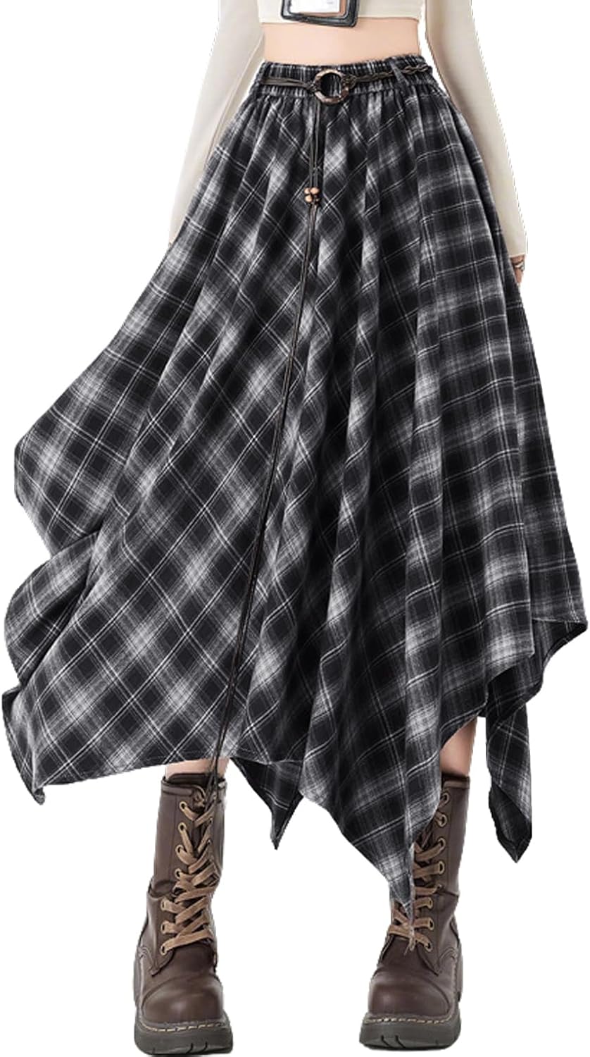 chouyatou Women 2025 Fall A-Line Pleated Midi Long Plaid Skirt Casual Handkerchief Hem Flare Skater Skirt