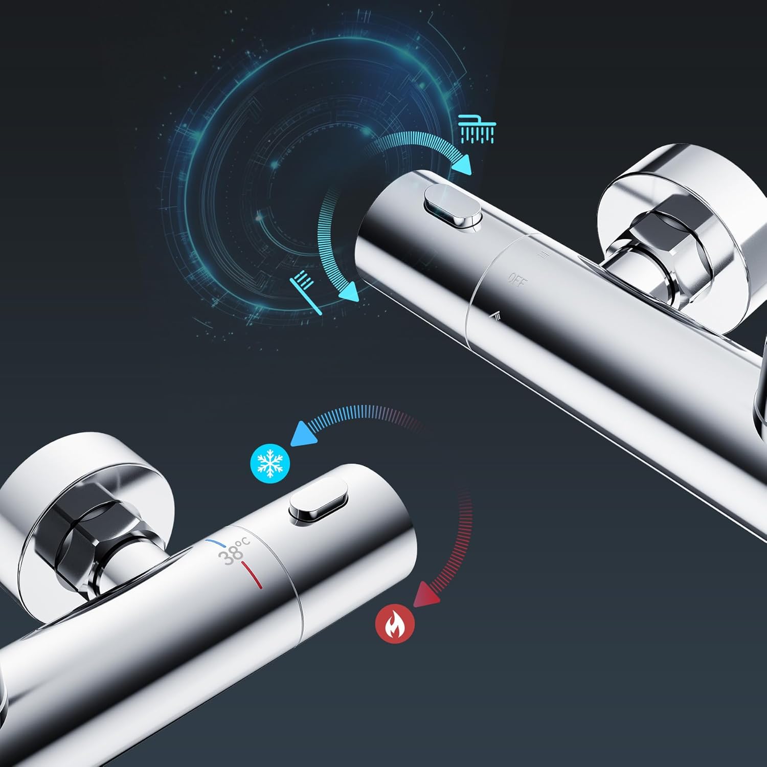 Close-up of the thermostatic mixer controls, showing temperature and flow/diverter knobs.