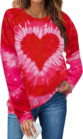 Women's Tie-Dye Heart Graphic T-Shirt – Valentine's Day Tee, Funny Loving Pattern, Soft Short Sleeve Top, Pink