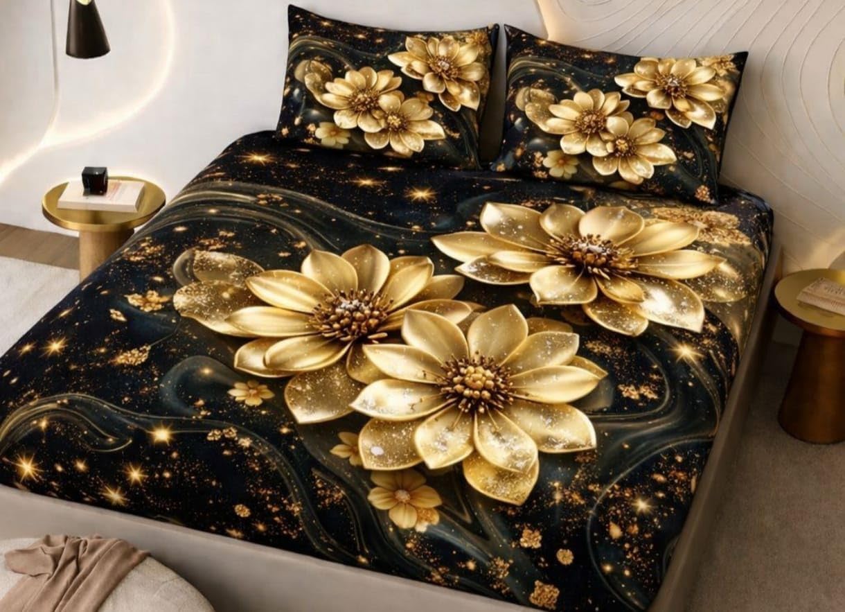 King Size Bedsheet, 3D Floral Print, Polycotton, 3 Piece Set (Black)-picture-31