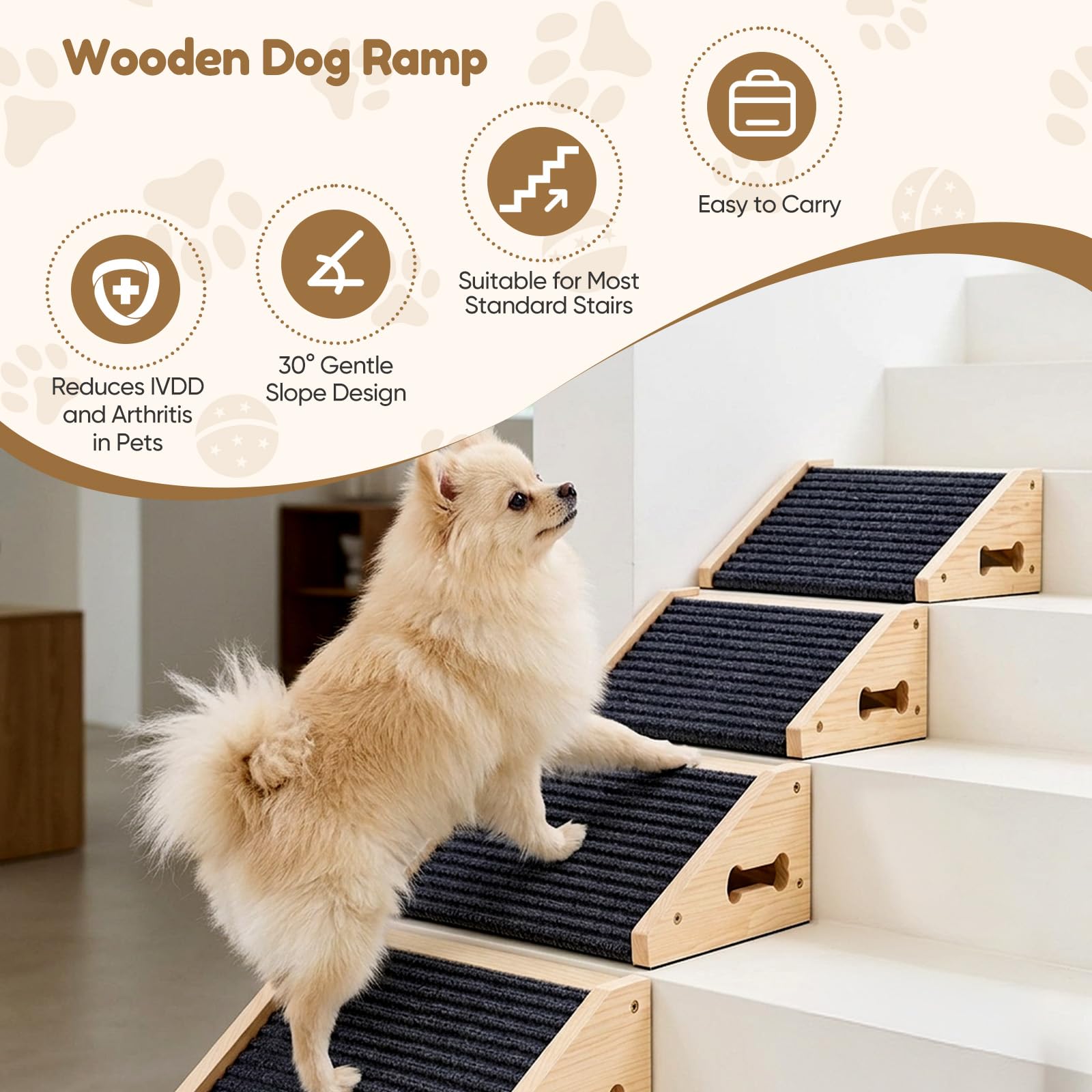 4 scale per cani di piccola taglia, in legno | Scaletta antiscivolo per cani con tappeto, rampa per cani di piccola taglia, angolo basso, per letto e divano