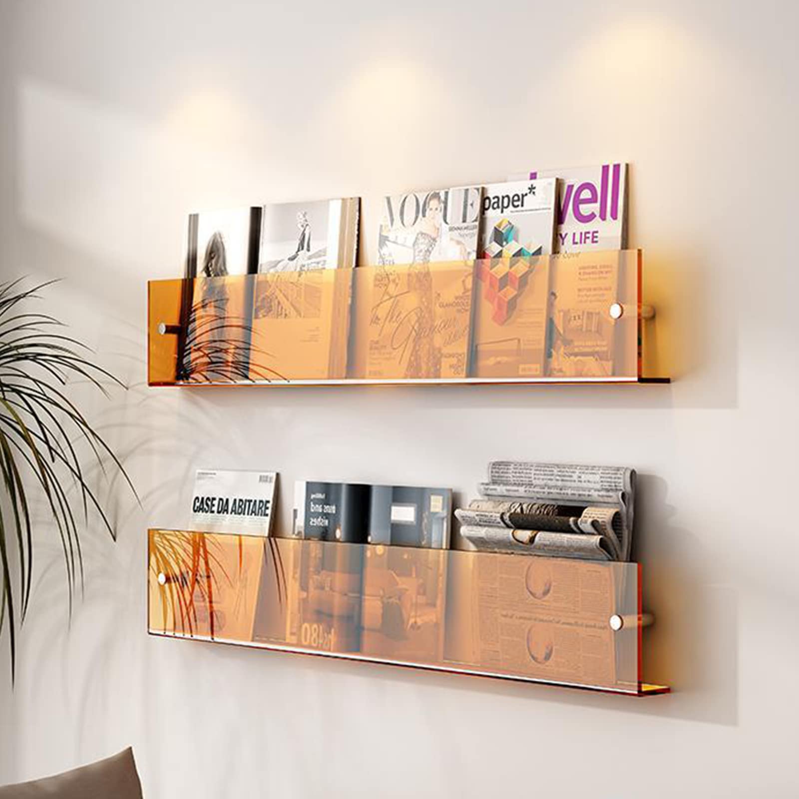 Juego de 2 estantes acrílicos montados en la pared para almacenamiento de revistas, diseño flotante para oficina o hogar, organizador moderno en color naranja (60 cm)