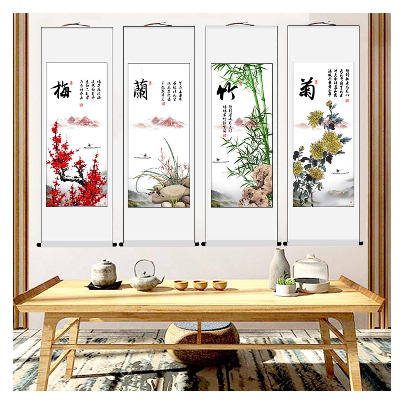 郑板桥「梅兰竹菊」掛軸 4条セット 四君子 水墨画 客間装飾 146×35cm 