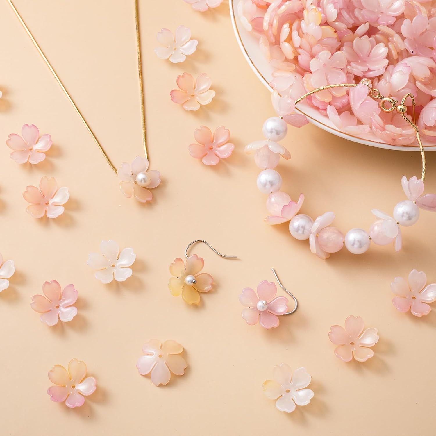 100 Pcs Gradient Cherry Flower Beads, Flower Beads for Jewelry Making, 5-Petal Acrylic Flowers Charms, Bead for Jewelry Making, Bracelets, Crafts (Pink) - Image 7