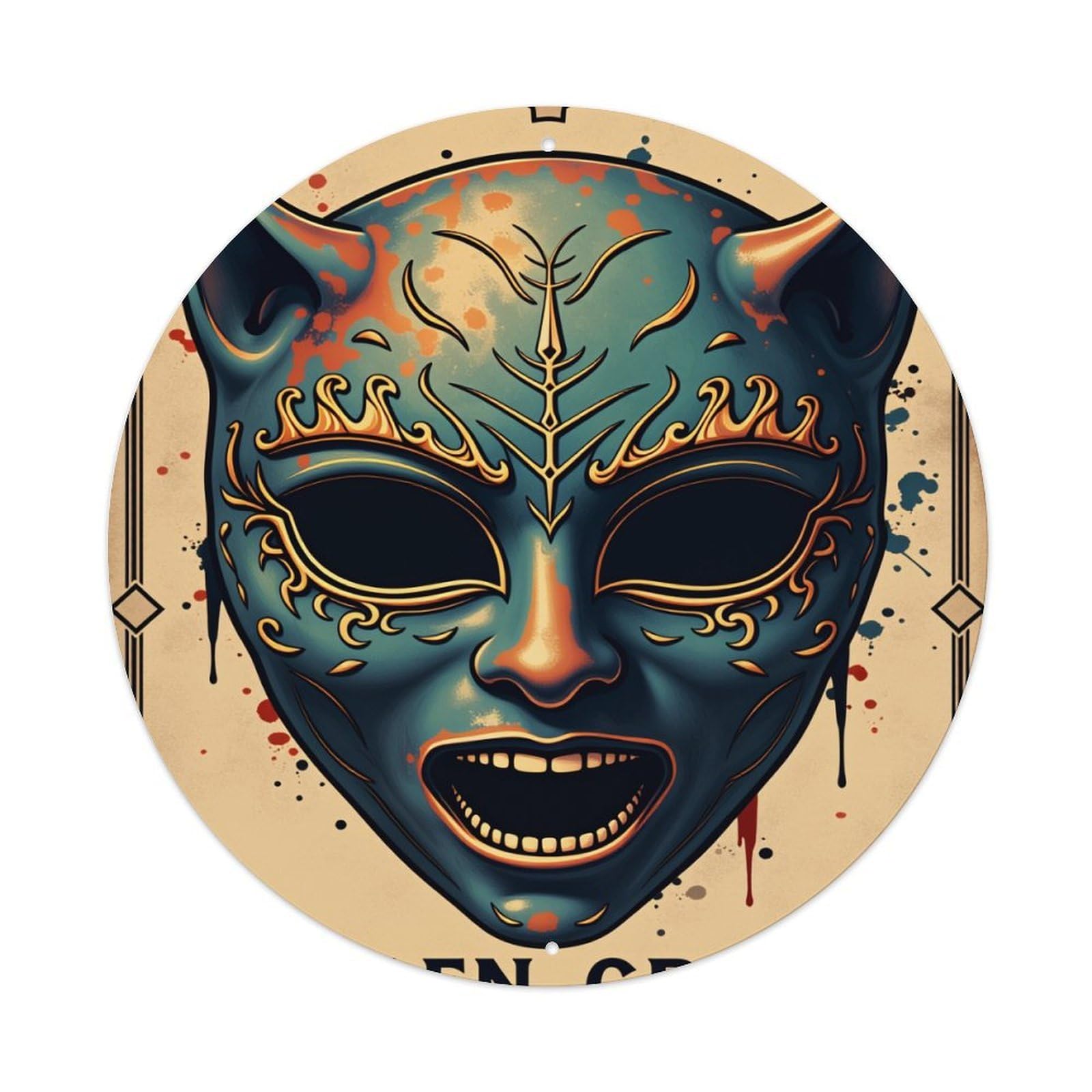 Demon Mask With Horns And Gold Details Metal Tin Sign Vintage Garden Bedroom Cafe Bar Man Cave Home Wall Decor Metal Poster 8x8 inches
