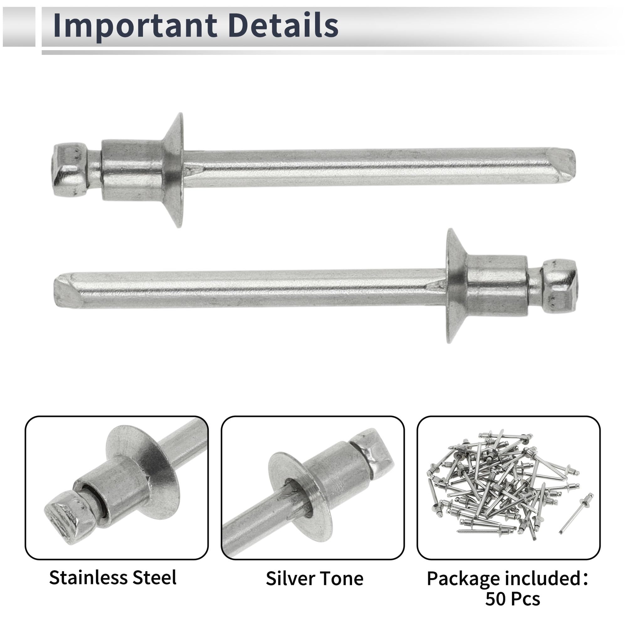 RATCHROLL 50 Pcs Open End Large Flange Blind Rivets 4.8mm Grip Diameter 8mm Grip Length 9.5mm Flange Diameter Silver Tone Stainless Steel - Image 4