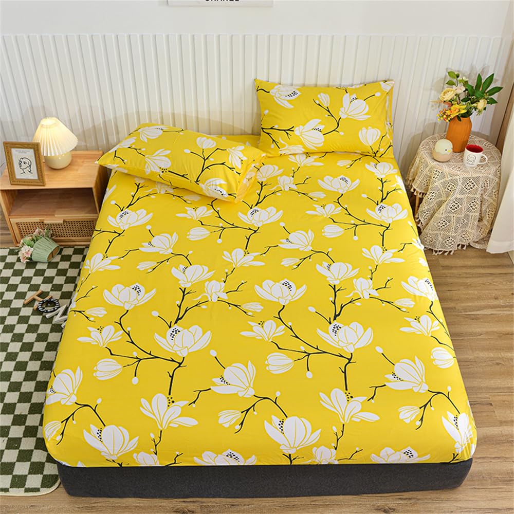 Mateju Floral Printed Fitted Sheets for Single Double King Size Bed, Microfiber Fitted Bed Sheets Soft Breathable Fade Resistant Bedding with Extra Deep Pocket 25 cm (Yellow Magnolia,Small Double)