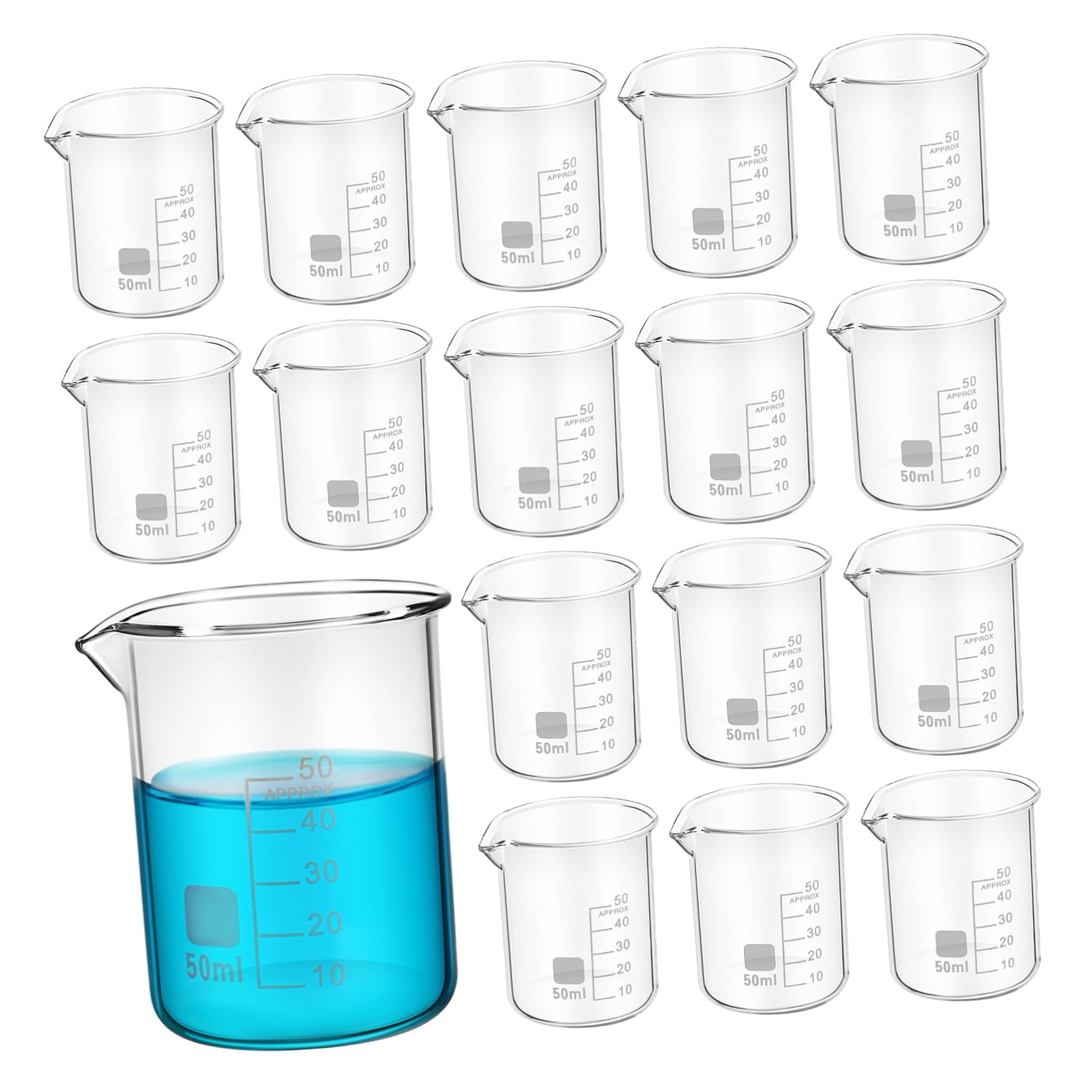 DOITOOL Vasos de Precipitados y Vidrio Transparente 20 de 50ml Medición Precisa Uso Versátil para Laboratorio Suministros Científicos