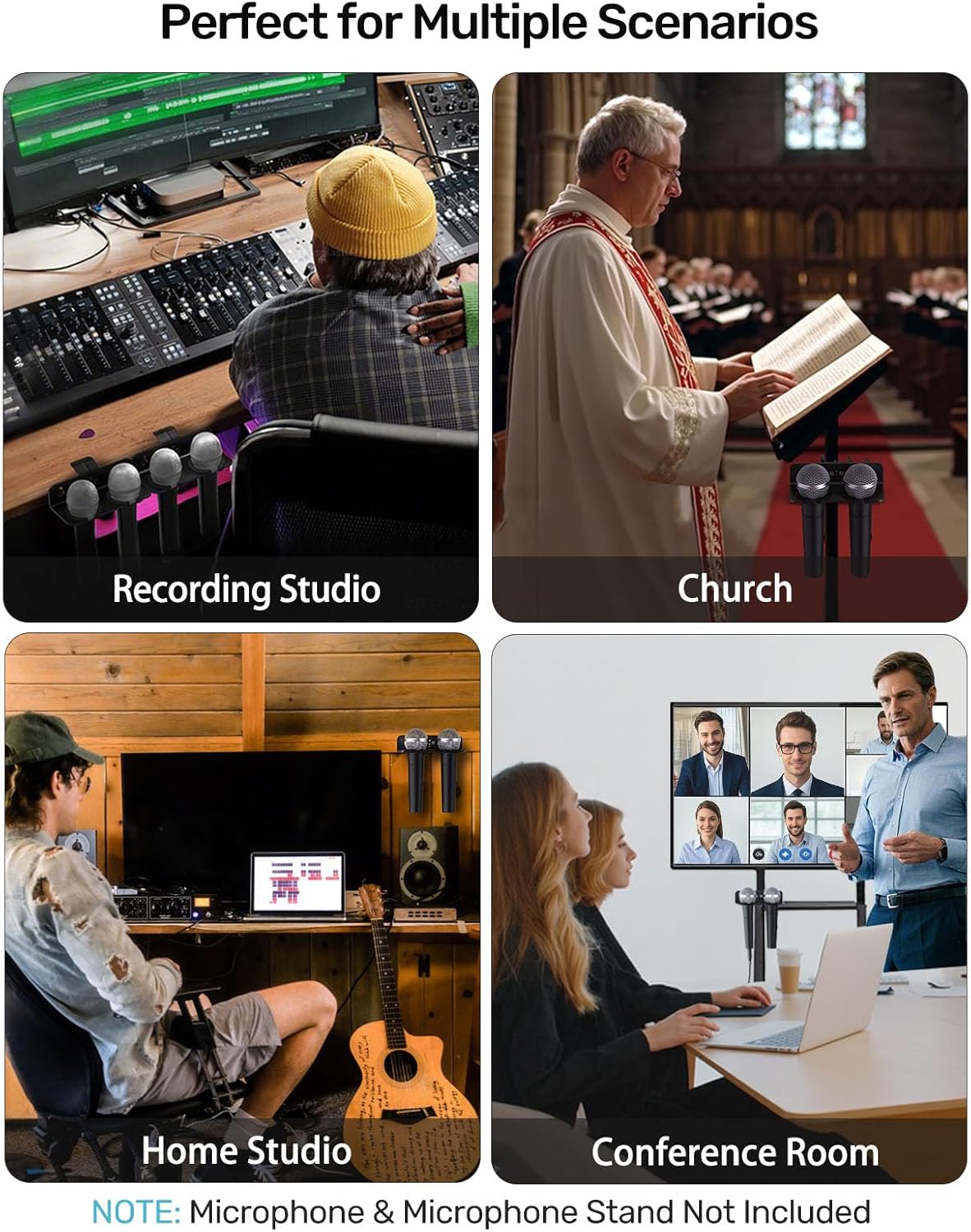 Multi Microphone Holder with Clamp (Aluminum/Rubber), Mount on Mic Stand & Desk Edge & Wall, Hold Up to 2 Wired/Wireless Handheld Mics, Ideal for Church, Street Performance, Home Studio, Karaoke