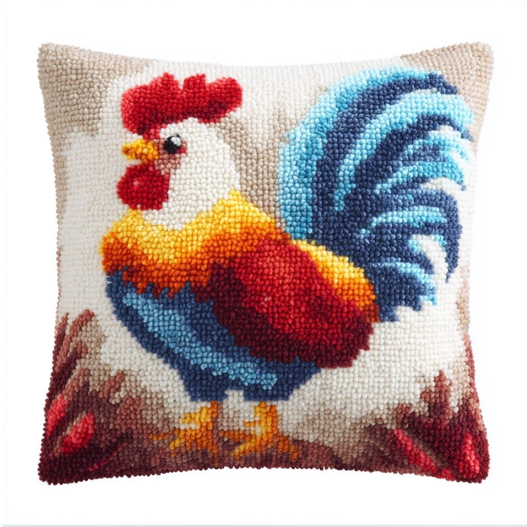 WallustrioaW DIY Latch Hook Pillow Kit,Rooster Pillowcase Kits Embroidery Kits 17X17 Inch DIY Needlework Pillow Cover Sofa Cushion Rug Making