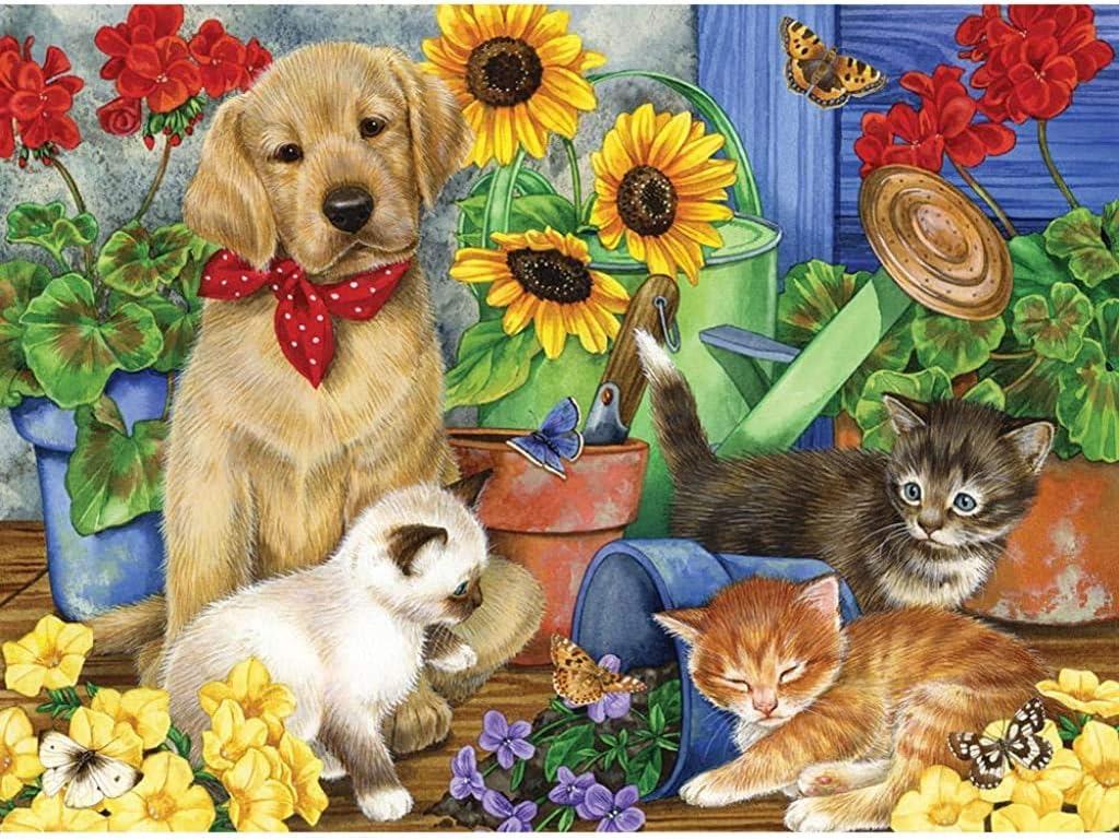Bits and Pieces - 300 Piece Jigsaw Puzzle for Adults - ‘Babysitting’ – Puppy and Kittens - 300 pc Large Piece Jigsaw by Artist Jane Maday - 18” x 24” : Toys & Games