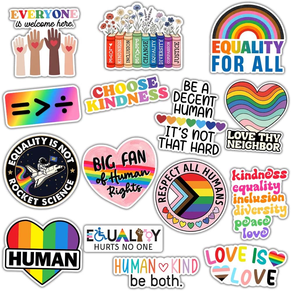 MAIANEY Equality Sticker Pack – 15pcs 3in Human Rights Inclusion Diversity Positive Message Stickers, LGBTQ Equality Decals for Laptop Water Bottle Phone Journal Skateboard