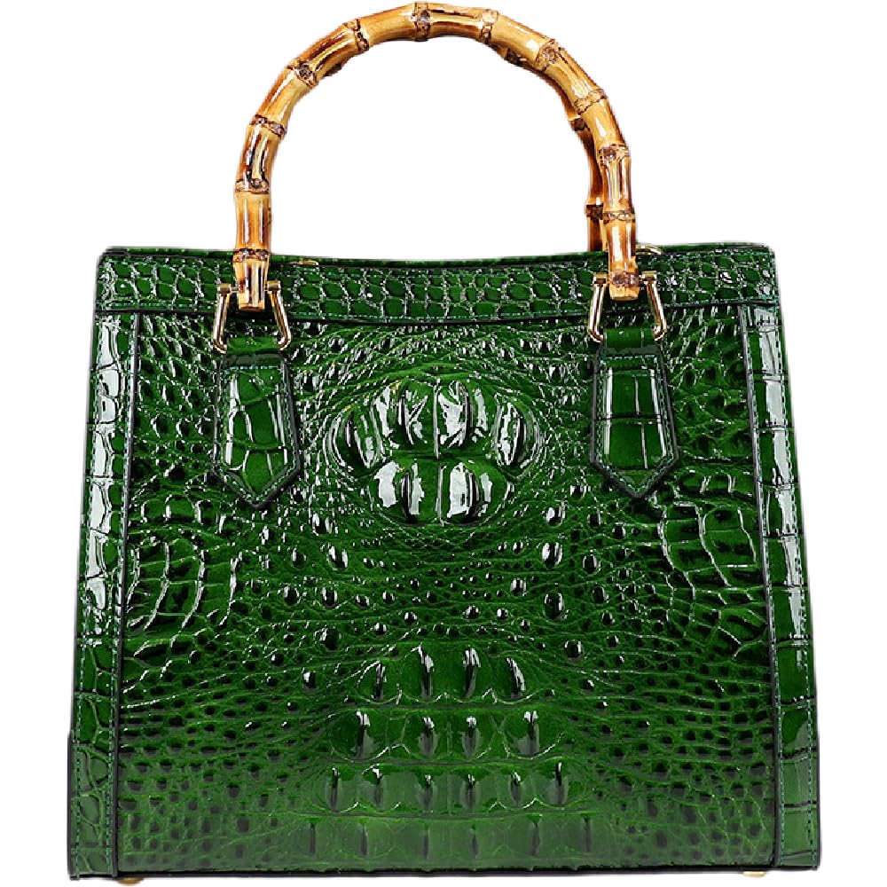 Crocodile Pattern Leather Women's Bag With Real Bamboo Handle Purse Small Satchel Handbags Tote Bag Shoulder Messenger Bags