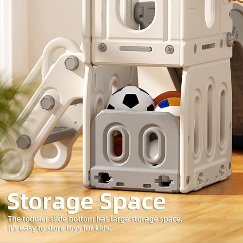 Miniatura 3 de KORIMEFA Juegos de parque infantil 5 en 1 para patios traseros al aire libre, juego de tobogán para niños en interiores con almacenamiento y pelota