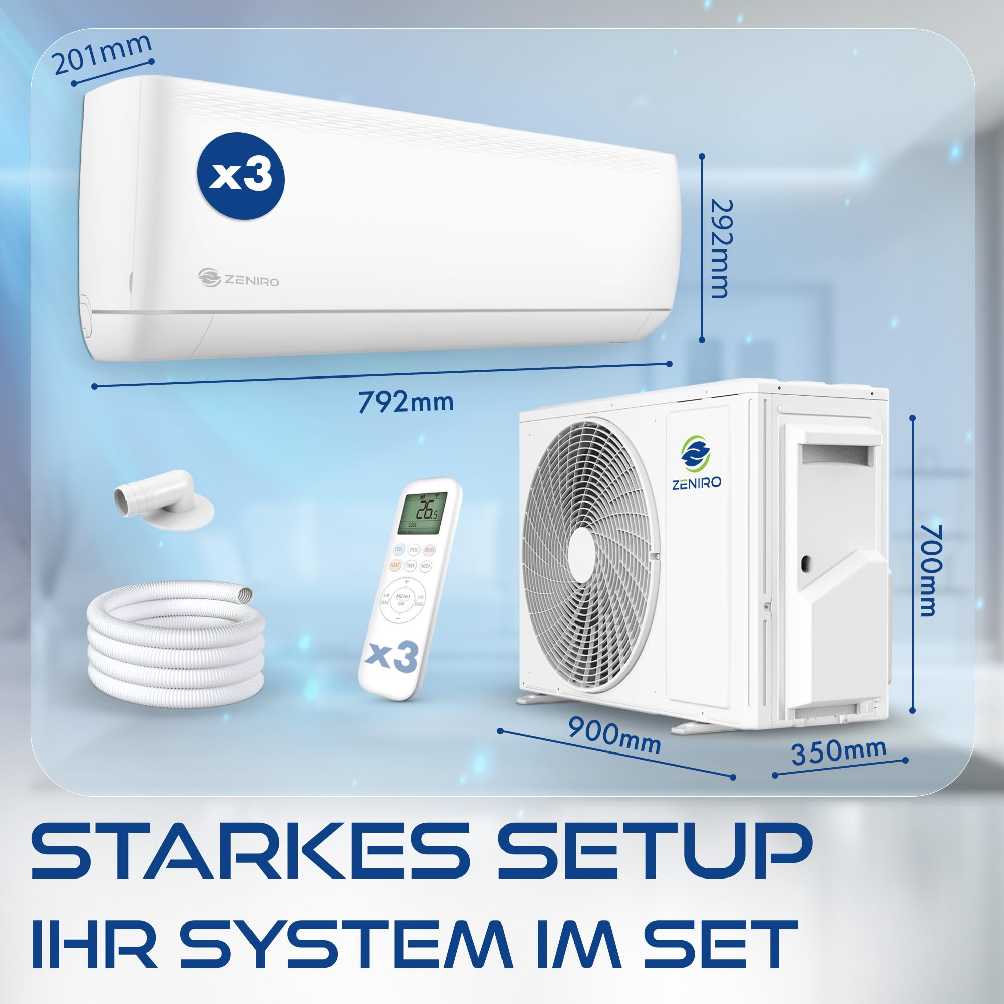 Multisplit Klimaanlage 3 Innengeräte Set 6,2kW 21000 BTU A++ WiFi 4D AirFlow Heizen bis -20°C R32