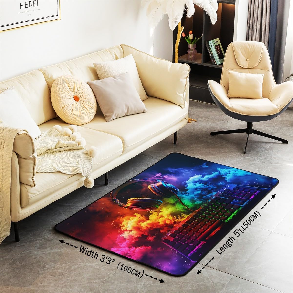 Musical Headset Area Rug 3x5 3D Keyboard Rug for Bedroom Living Room Modern Watercolor Gradient Carpet Non Slip Video Games Theme Floor Mat Decorative Accent Rug Non Shedding image 3