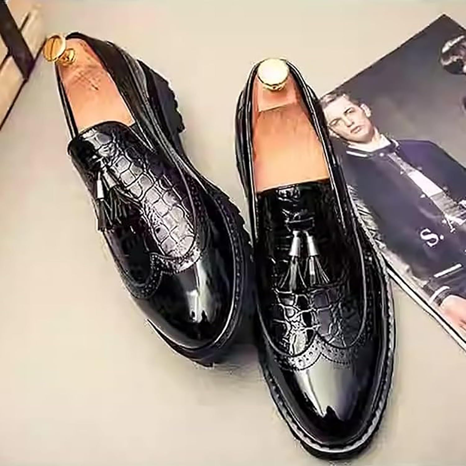 Mocasines con borlas para hombre, zapatos de vestir formales de negocios con lados elásticos para el trabajo, casual, negro, blanco, rojo