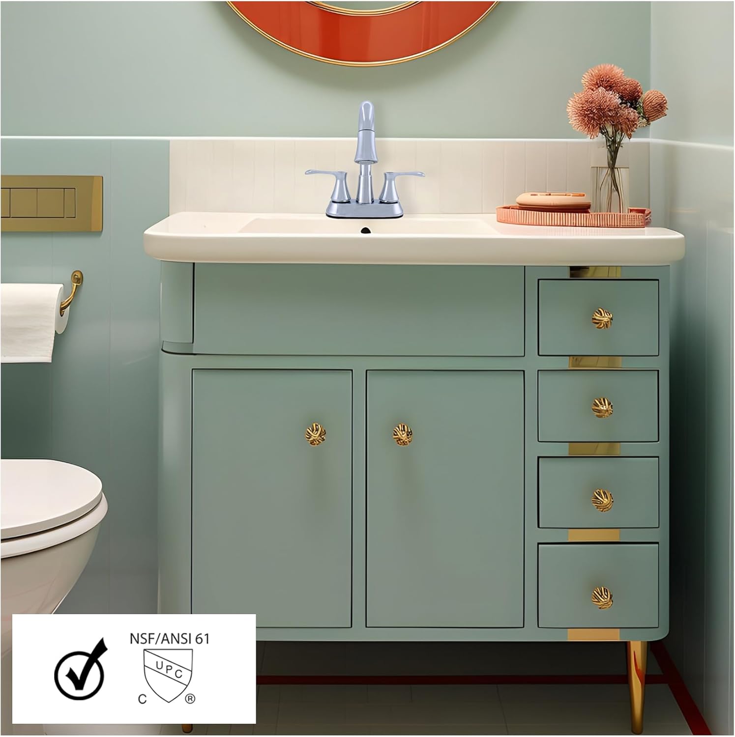 WMF 14167060 LED Lights Lavatory Bathroom Faucet Double Lever Handle, No Battery Needed, Swivel Spout, Chrome, for Vanity, Countertop, with Deck Plate Pop Up Drain, 4 Inch Centerset