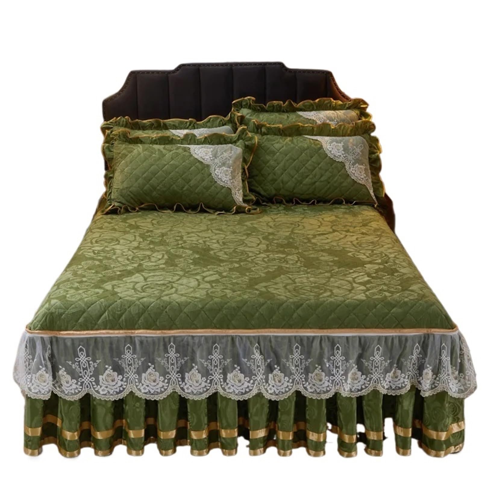 Winter Coral Fleece Zipper Removable Bedspread King Queen Thicken Velvet Quilted Bed Skirt Not Including Pillowcase(Dark Green,1pc Skirt 180x220cm)