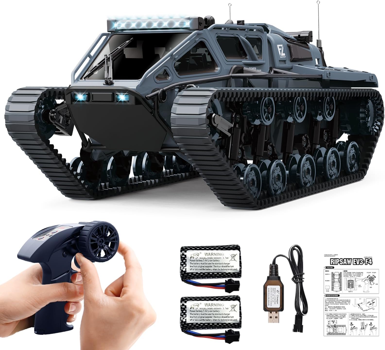 Mostop RC Tank Car, 1:16 Scale 2.4Ghz Remote Control Crawler High Speed Tank, Off-Road RC Tracked Vehicles 360°Rotating Drifting Car with 2 Batteries, Military Truck for Kids Adults, Gray