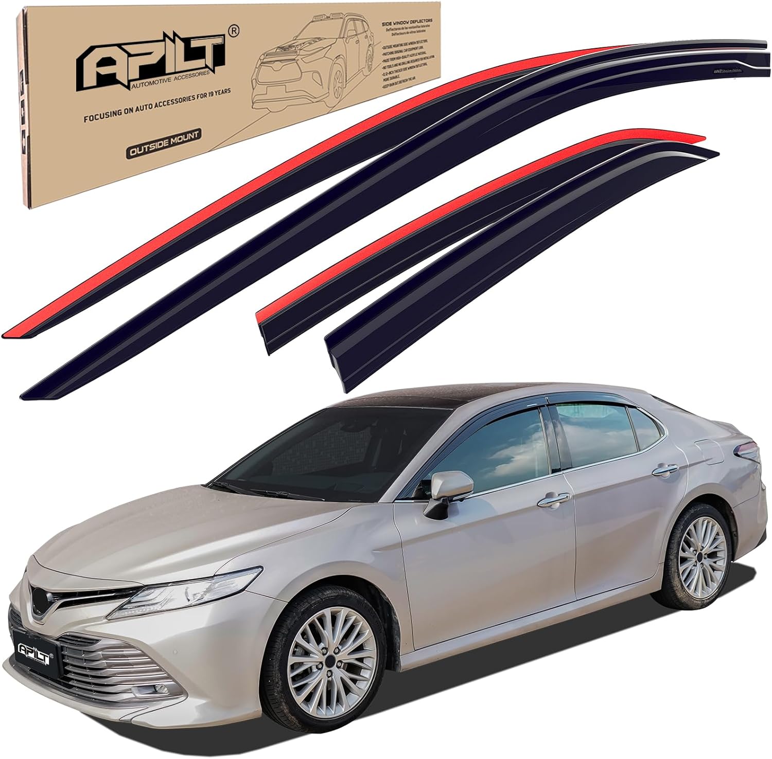 Outside-Mount Rain Guards Window Visors for 2018-2024 Toyota Camry Full-Size Wind Vent Deflectors Car Accessories Dark Smoke 4-Piece Set with Longer and Waterproof Steps