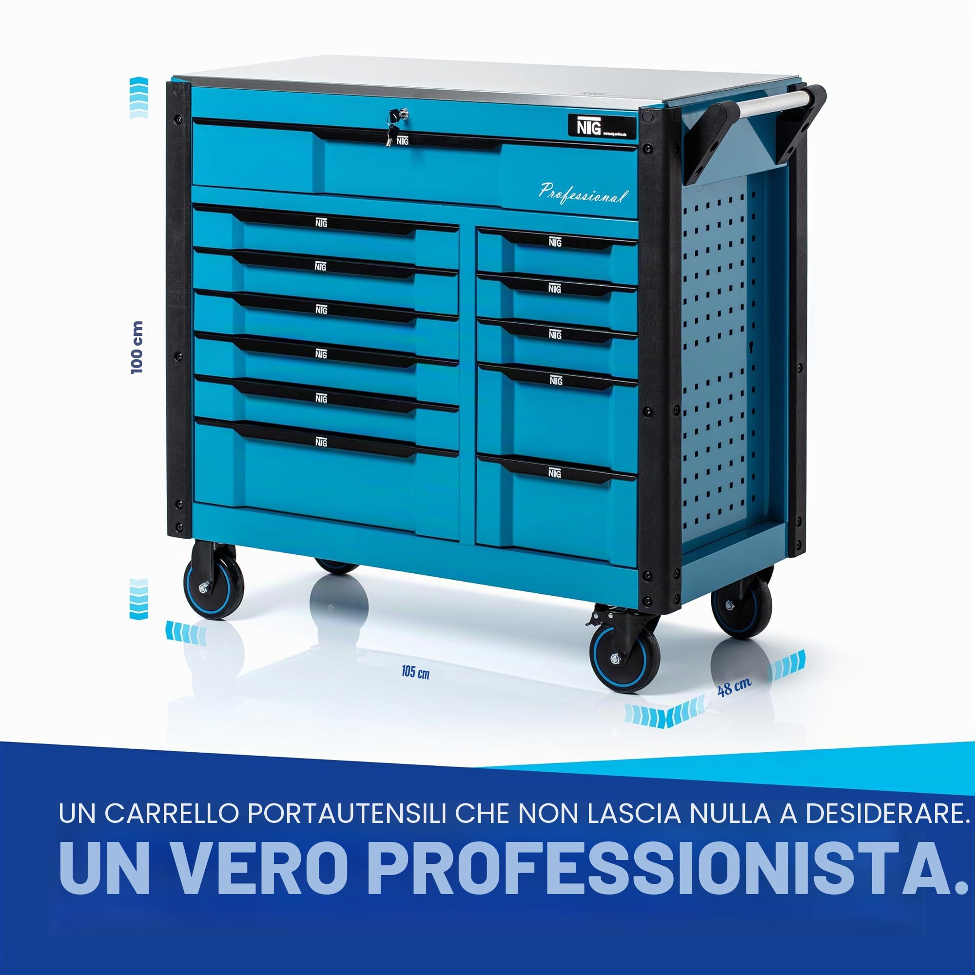 NTG Carrello portautensili XXL completo di utensili | 457 pezzi | +12 cassetti con serratura | 10 dei quali con utensili | Con inserti morbidi in carbon look | Carrello portautensili da officina