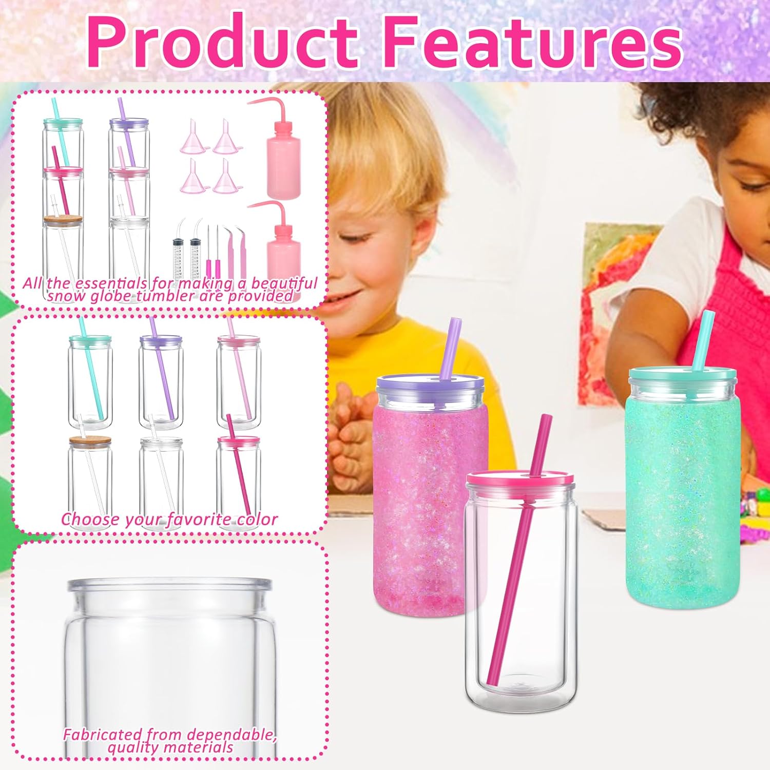 18 Pcs Snow Globe Tumbler Supplies 16oz Pre Drilled Double Wall Clear Cups Kit with Lid and Straw Squeeze Bottle Funnel Tweezer Bent Syringe for DIY Glitter Snow Globe Craft Gift - Image 4