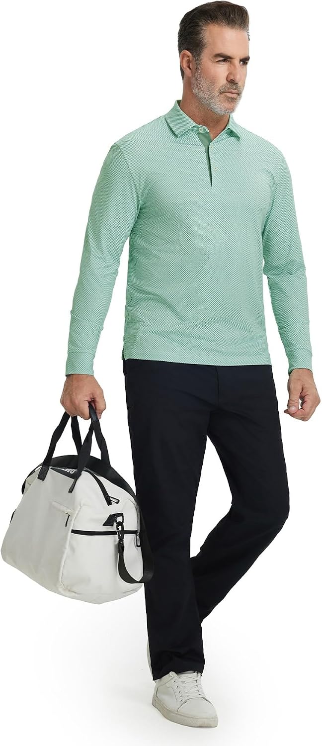 M MAELREG Golf Shirts for Men Dry Fit Performance Moisture Wicking Casual Print Collared Long Sleeve Polo Shirts for Men