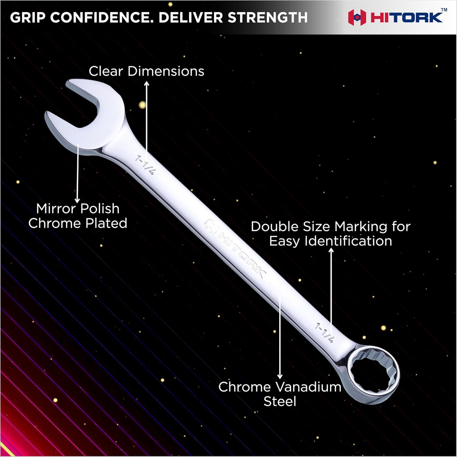 Hitork 6-Piece Large SAE Wrench Set, 12-Point Box End, Drop Forged Chrome-Plated Cr-V Steel, 15° Offset, Polished, Roll Pouch Included – Sizes 15/16” to 1-1/4”