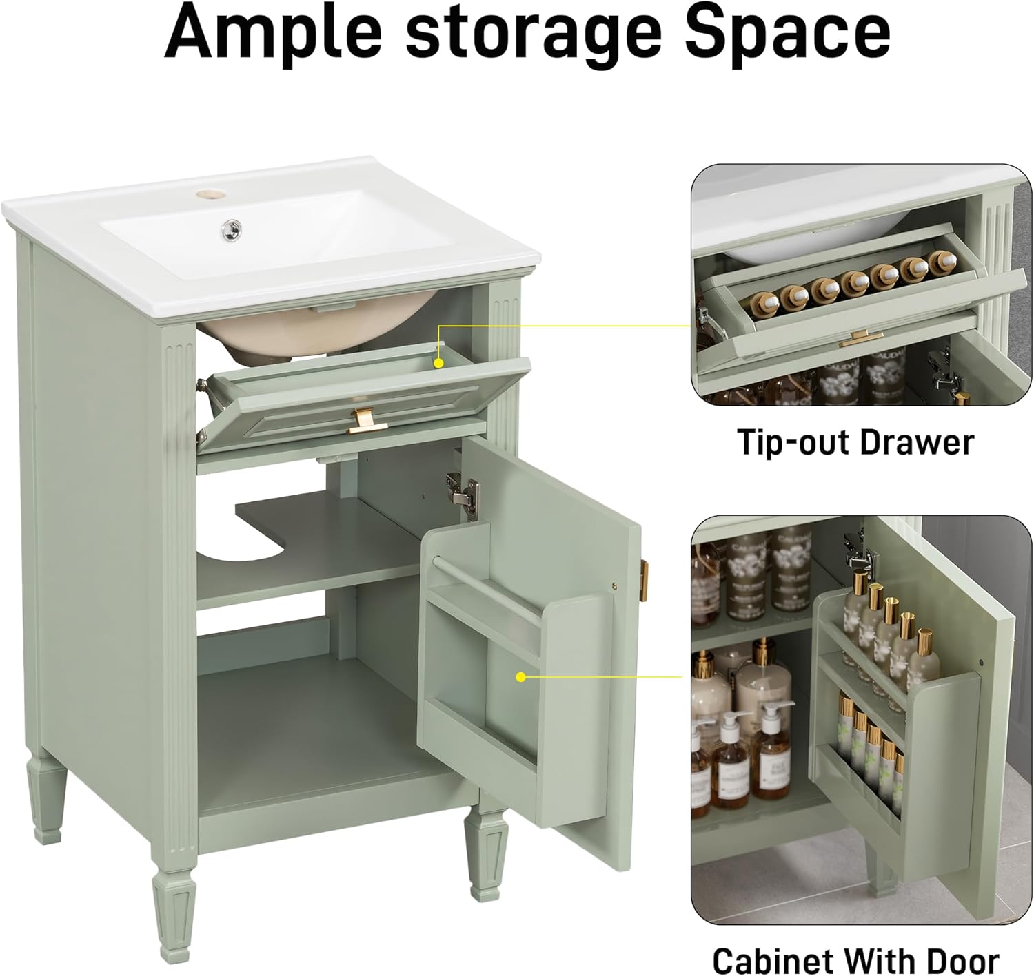 20-Inch Bathroom Vanity with Sink, Solid Wood Legs, Adjustable Shelf, Tilt-Out Drawer, Zinc Alloy Knobs, Modern Freestanding Cabinet for Small Bathroom,Green