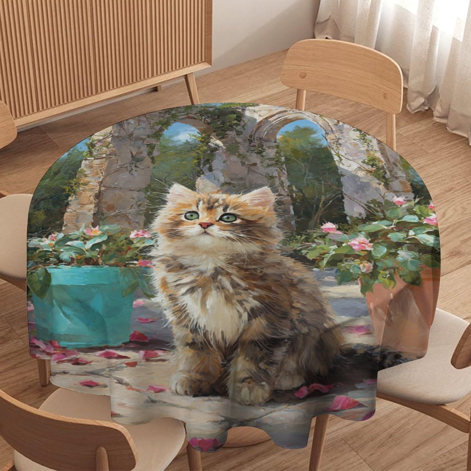 LUYYSKY Modern Realistic Cute Cats Waterproof Round Tablecloth Retro Oil Painting Spring Garden Castle Arch Flowers Animal Kittens Washable Table Cover for Kitchen-177.8" Wx177.8 L cm