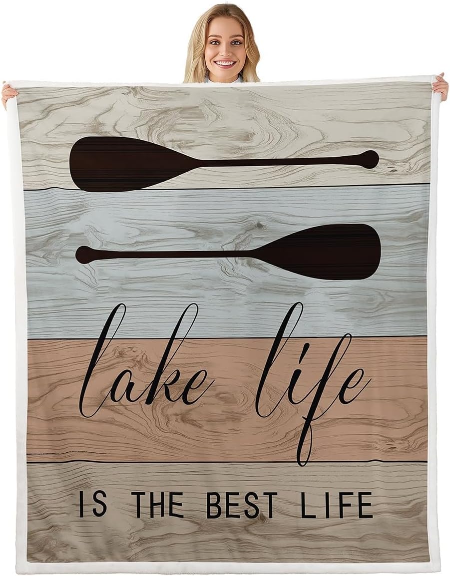 Lake House Life Plush Blanket,Paddle Oars Rowing Boating Hunting Bed Blanket Home Decor Gift,Retro Rustic Farmhouse Wooden Board Modern Style Fuzzy Blanket Office Chair, X Size (40 x 50 Inch)