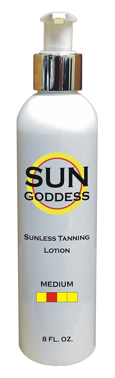 SUN GODDESS - Sunless Self Tanning Lotion - MEDIUM - 8 oz + INCLUDES: Applicator Mitt, Application Gloves and Best Fake Tanner Lotion Mousse Spray Sample – Gorgeous, Natural Looking Tan Lasts 7 Days