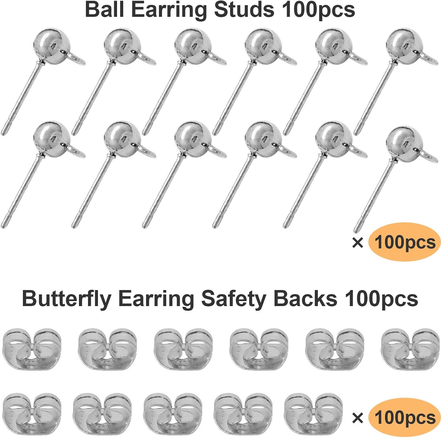 100pcs Ball Earring Studs and Backs, White K Stud with Loop Hypoallergenic Post Earring for Jewelry Making