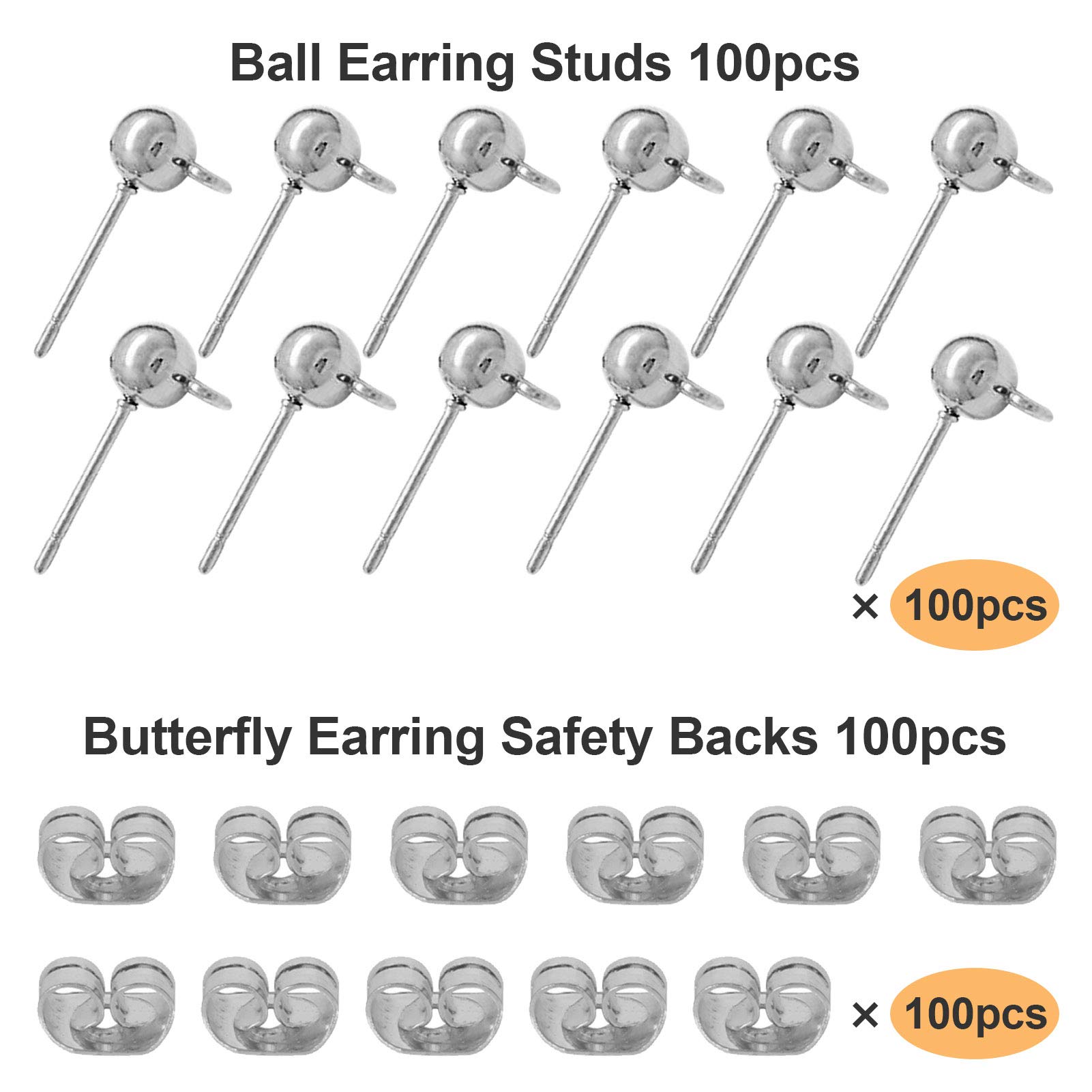 100pcs Ball Earring Studs and Backs, White K Stud with Loop Hypoallergenic Post Earring for Jewelry Making