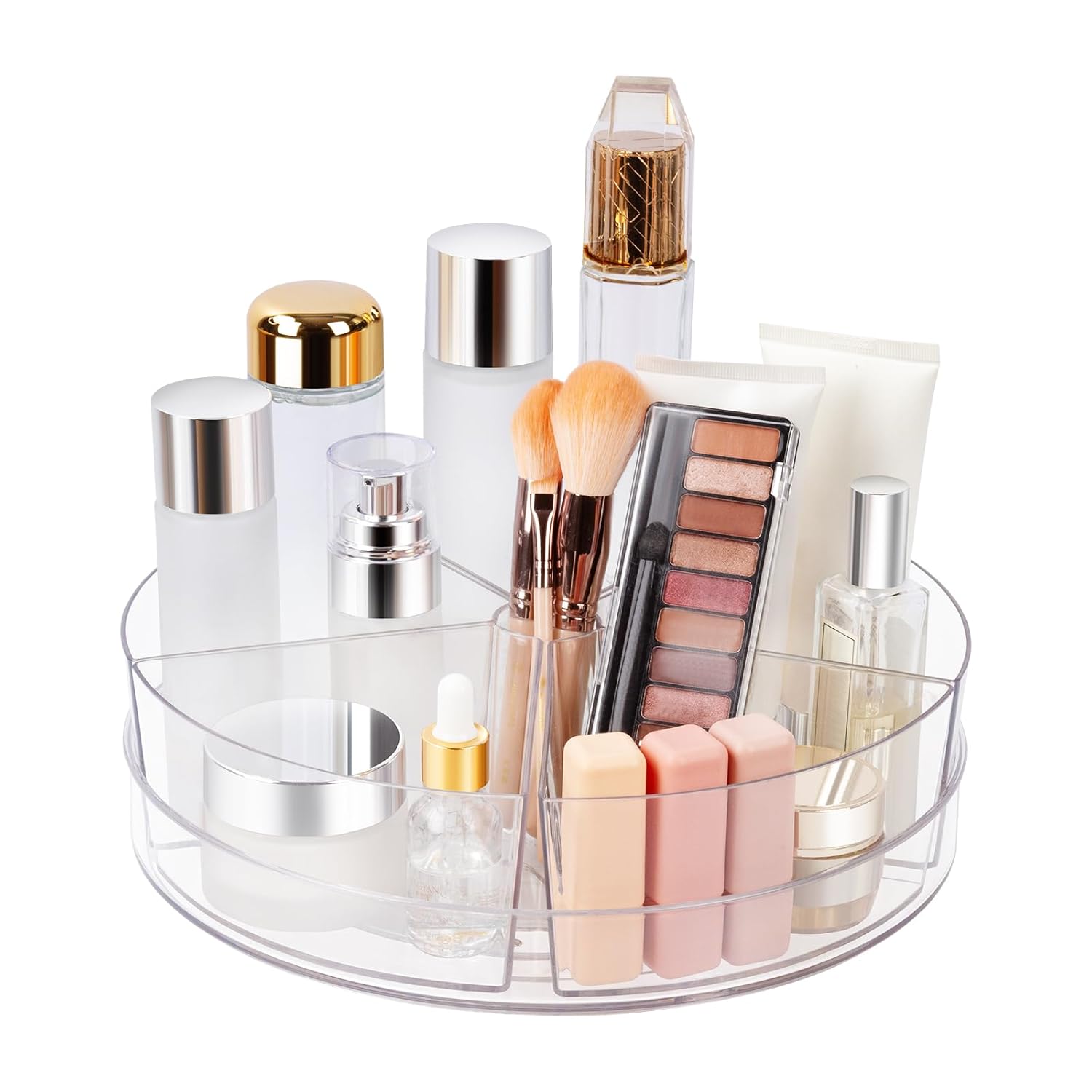 Dezzer 360° Rotating Makeup Organizer 11.5" Clear Turntable Lazy Susan Organizer for Vanity, Bathroom Counter, Pantry, Cabinet, Spinning Cosmetic Storage Holder with 5 Dividers for Skincare, Makeup Brushes