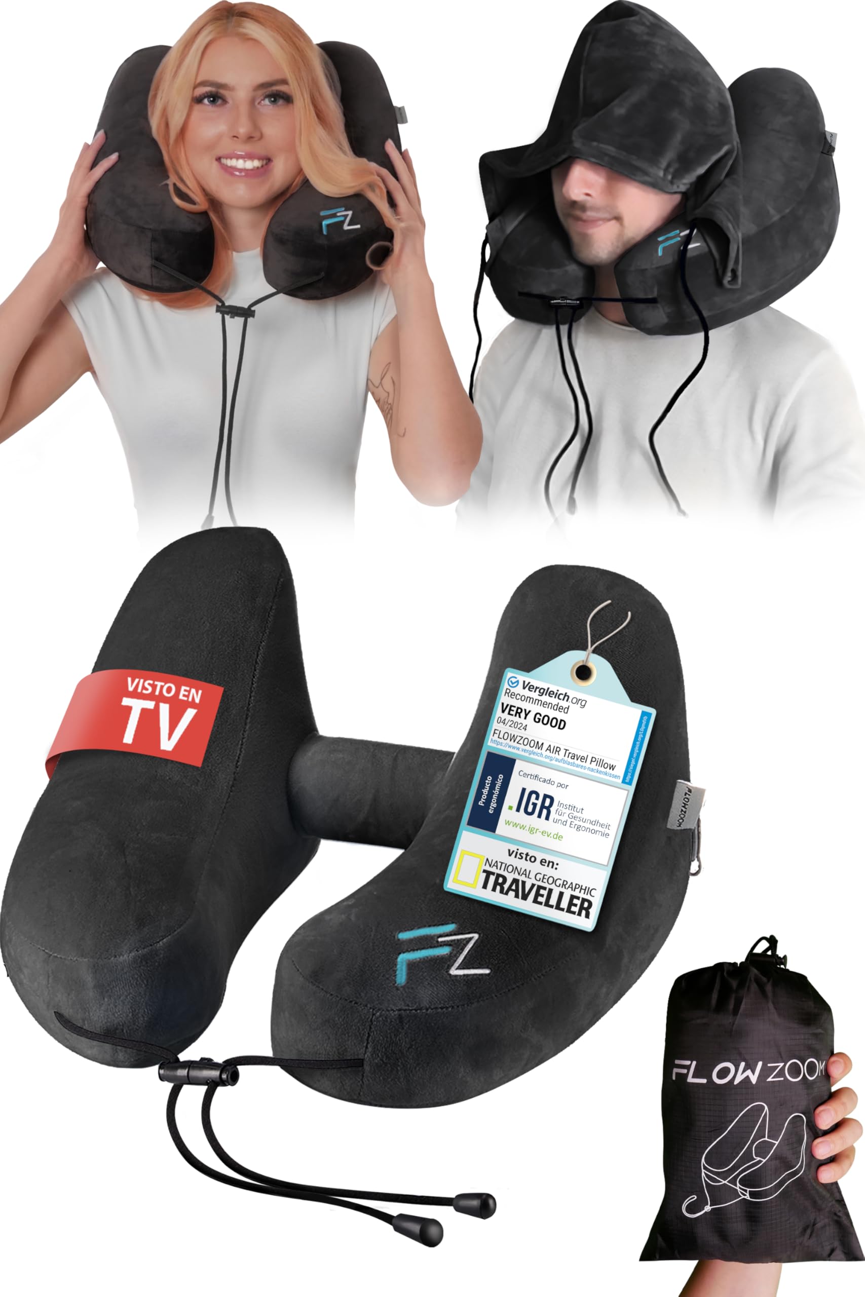 FLOWZOOM FLOWZOOM Almohada de Viaje Hinchable - Cojín de Cuello con Capucha de Felpa para Máxima Privacidad y Confort Avión, Tren y Coche - Talla L - Negro