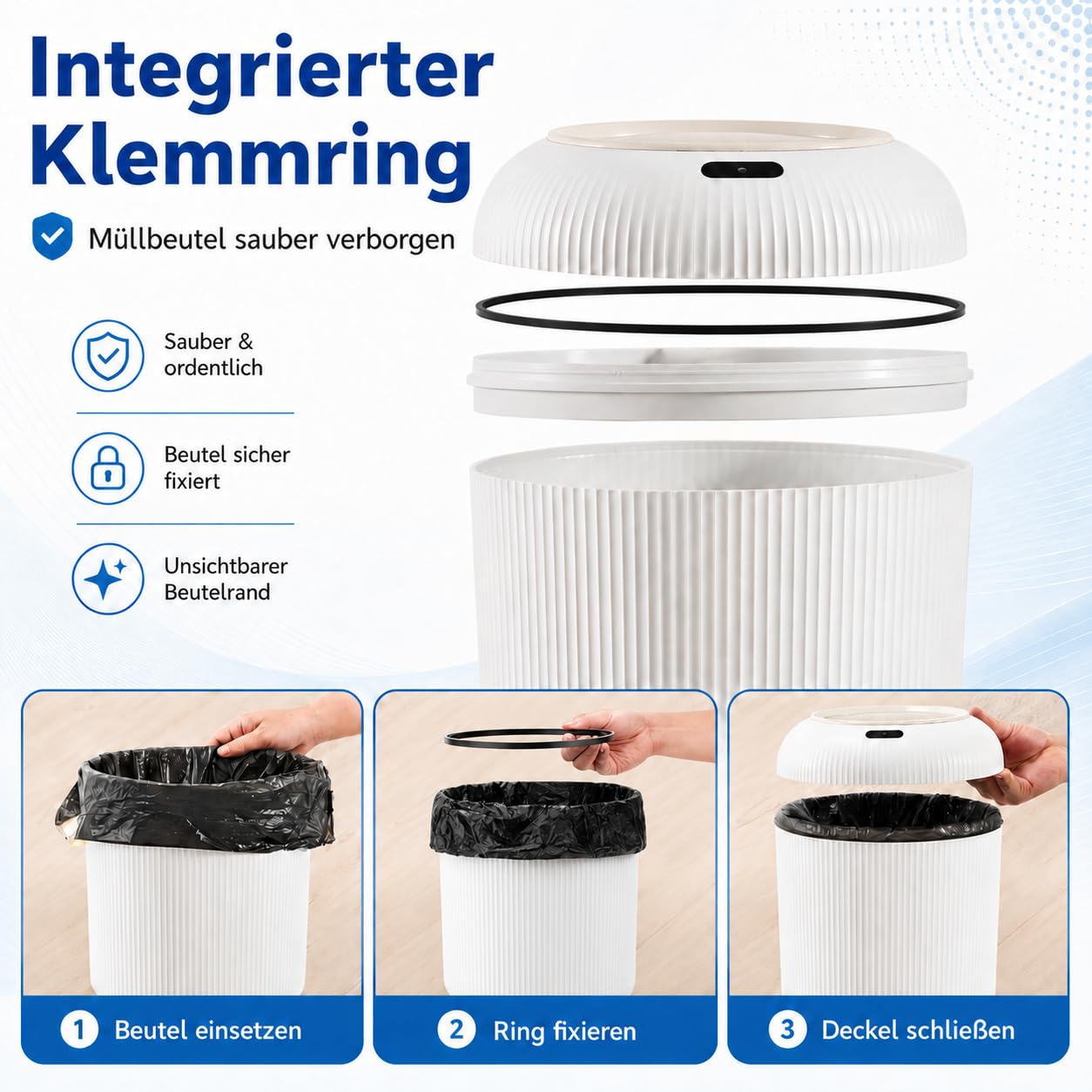 Smart Mülleimer mit Sensor,Weiß,10L,für Küche und Badezimmer, klein Geruchsdichter Trash Can Automatisch, Ideal als Bad Mülleimer, mit Deckel (Weiß)