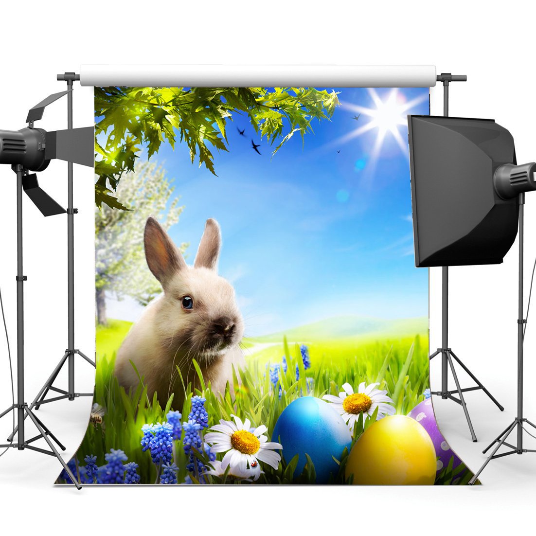 HasdropHappy Easter Backdrop 3X5FT Vinyl Frohe Ostern Backdrops Bunny Eggs Hunt Green Grass Fresh Flowers Birds Sunshine Spring Jesus Christ Photography Background for Kids Photo Studio Props HMM56
