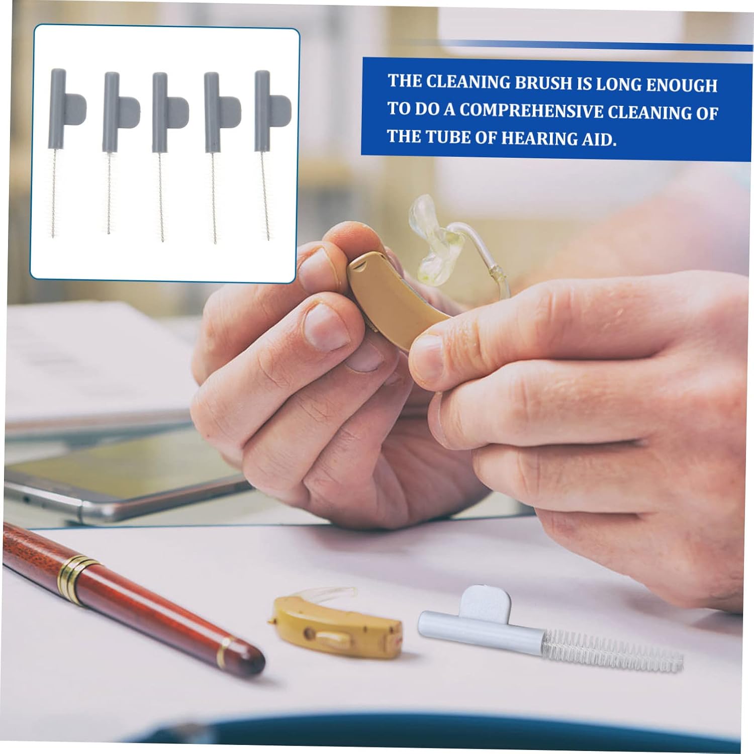 5Pcs Portable Hearing Aid Cleaning Brush Set Maintenance Tube Cleaner Handle Convenient Ear Wax Removal Tool for Home and Travel