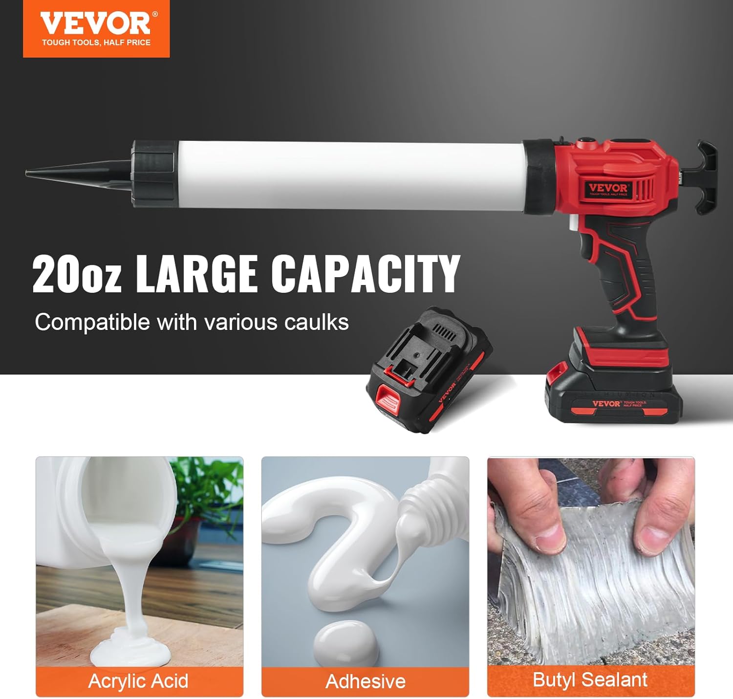 VEVOR Cordless Caulking Gun 20oz/600ml, 20V Electric Sausage Caulking Gun with 4 Adjustable Speeds, Anti-Drip Battery Powered Caulk Gun with 2.0AH Battery, Fast Charger for Filling, Sealing