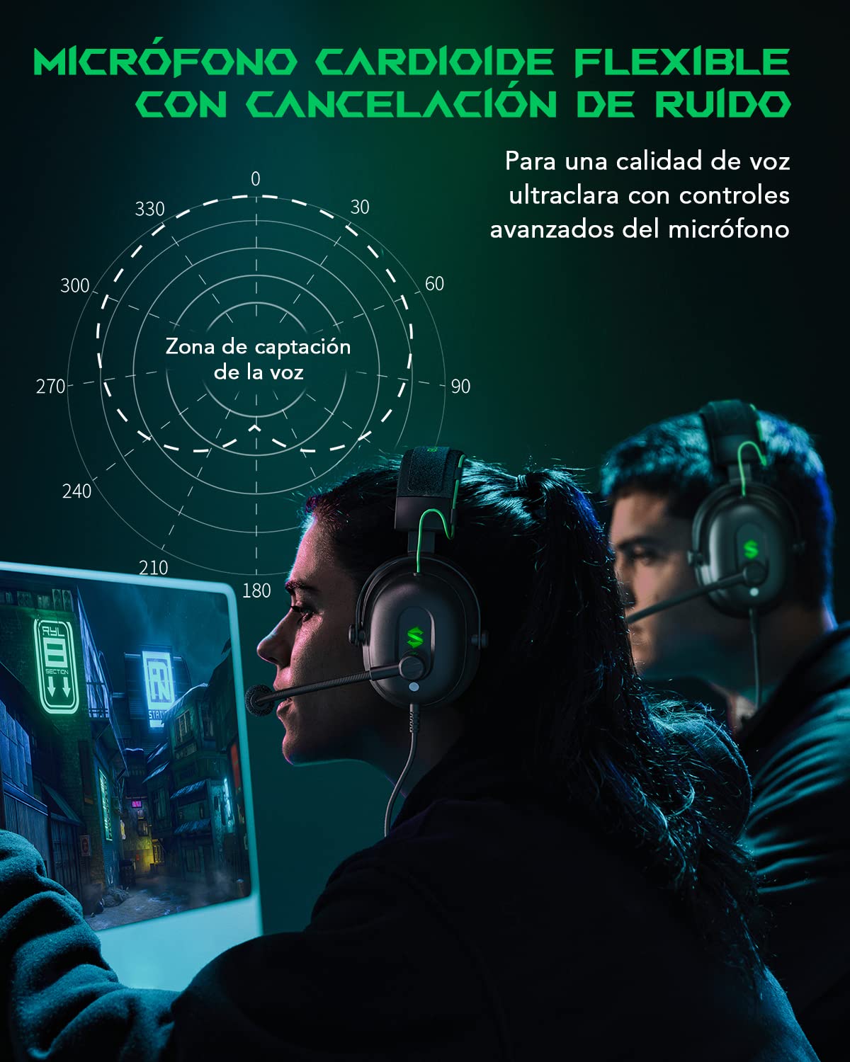 Black Shark Cascos Gaming con Cardioide Cancelación Ruido, Auriculares Gaming para PC, PS4, PS5, Xbox, Switch, Controladores Dinámicos de 50 mm, Over-Ear Cascos con microfono y Luz LED