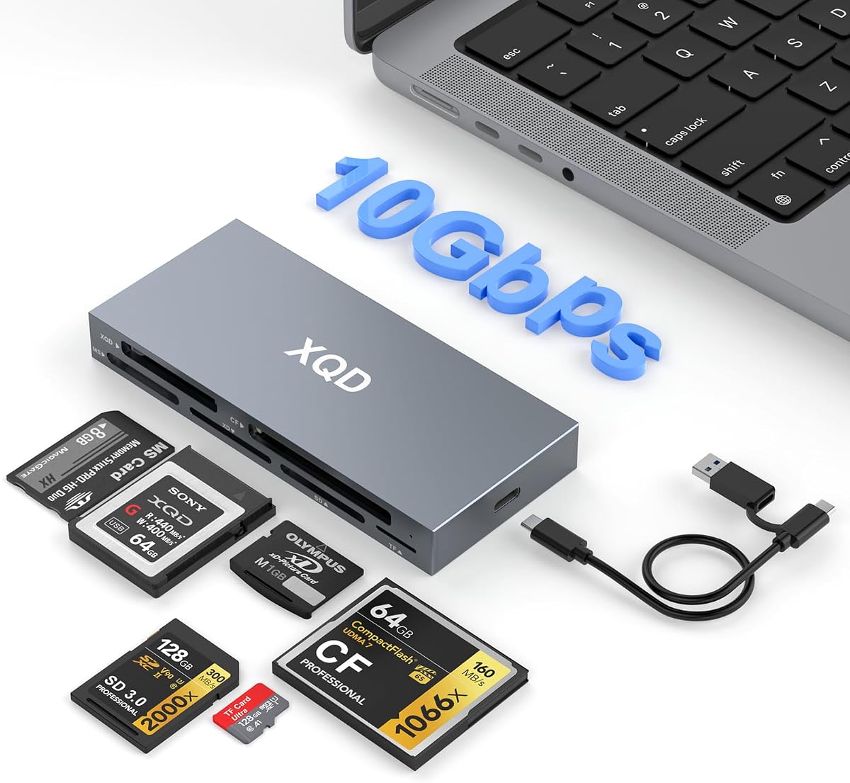 Lector de tarjetas XQD de 10 Gbps Lector multitarjeta 8 en 1 USB C para Sony serie G/M, Lexar 2933x/1400x USB Mark XQD Card/CF/XD/MS/TF/SD Lector/escritor/Hub de tarjetas de memoria USB 3.2 para Windows/Linux/Mac OS/Android