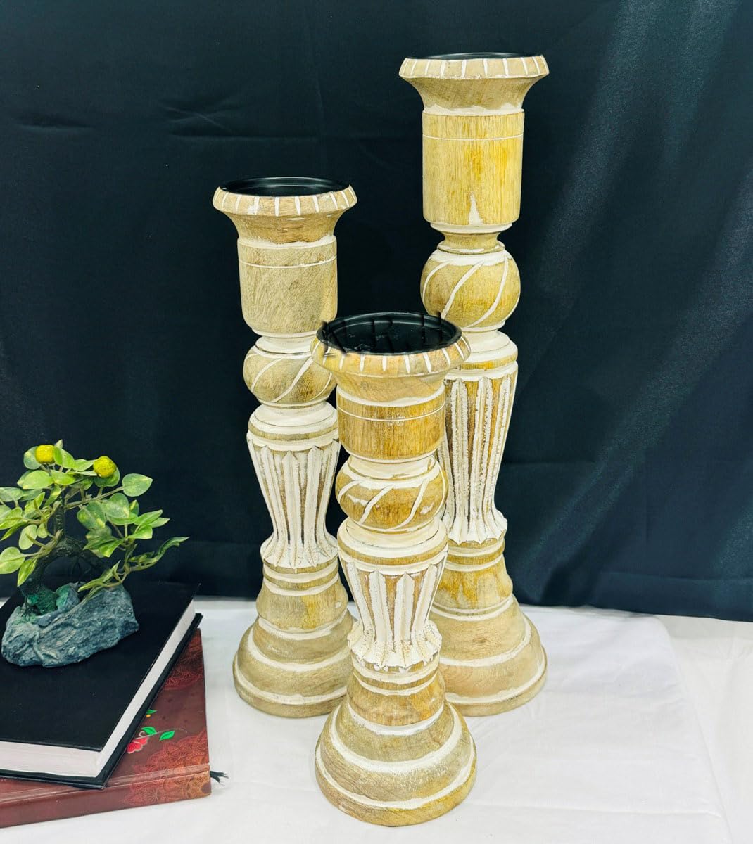 Pillar Candle Holders- Rustic White Hand Carved Mango Wood Candle Holders for Pillar Candles in Home, Living Room, Kitchen or Table Centerpiece Set of 3 Candlestick Holders- 13