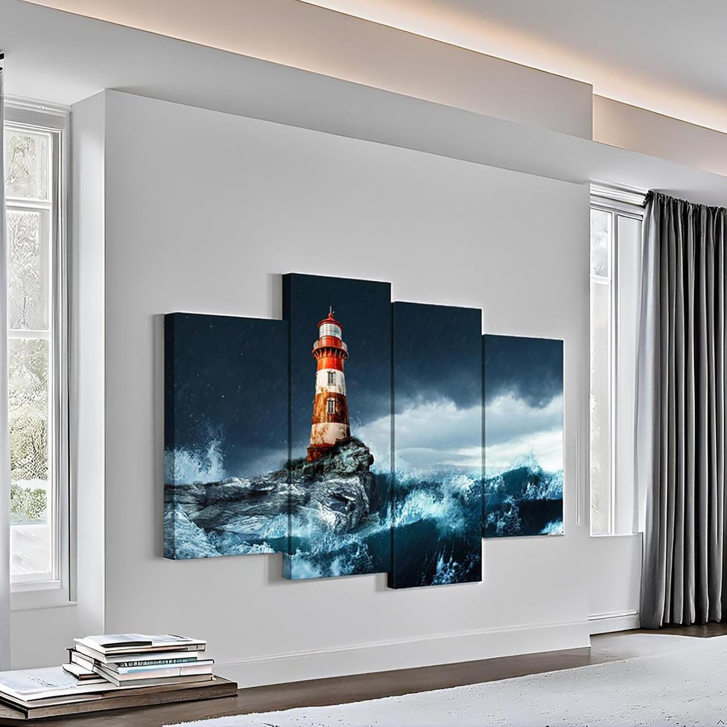 NutArtPic Lighthouse Canvas Wall Art Stormy Lighthouse Painting Storm Seascape Pictures On Canvas Artwork For Home Wall Decorations Framed 48''x32''