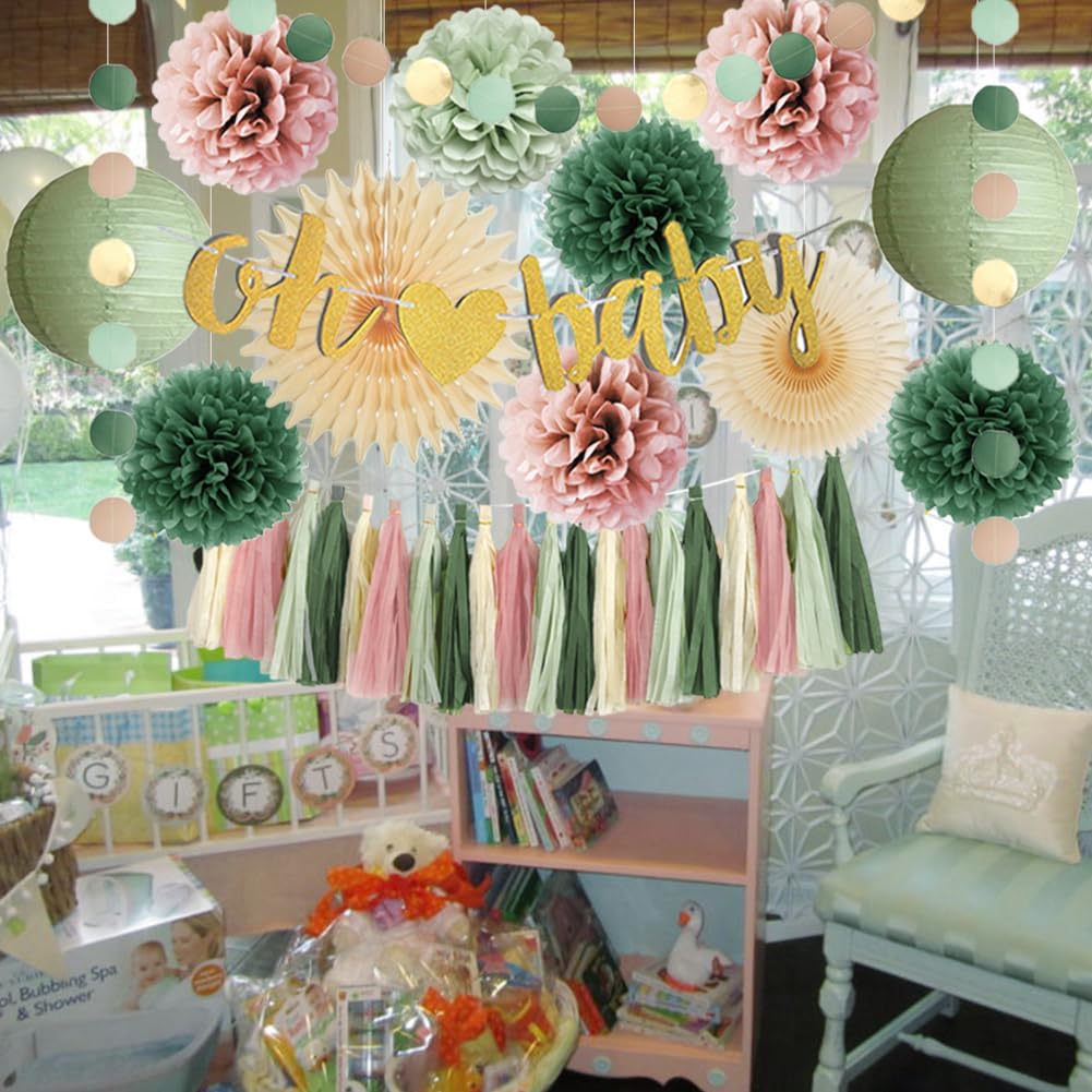Dusty Pink and Sage Green Baby Shower Decorations Boho Oh Baby Shower Decorations for Girl Dusty Rose and Sage Green Paper Lanterns Pom Poms Beige Fans with Olive Cream Tassel Garland