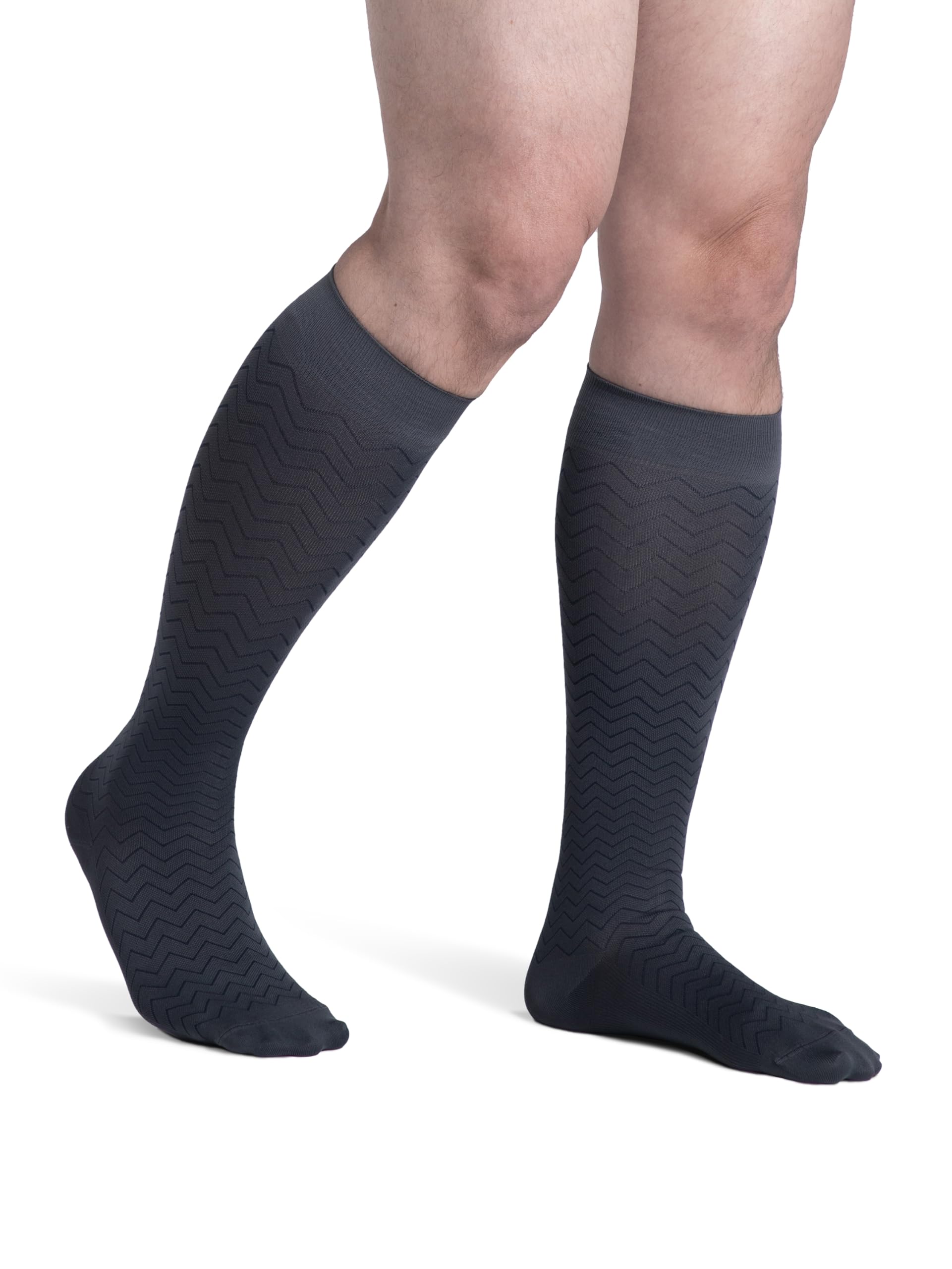 Sigvaris Men’s Style Microfiber Patterns 830 Closed Toe Calf-High Socks 20-30mmHg - Graphite Chevron - Medium Long