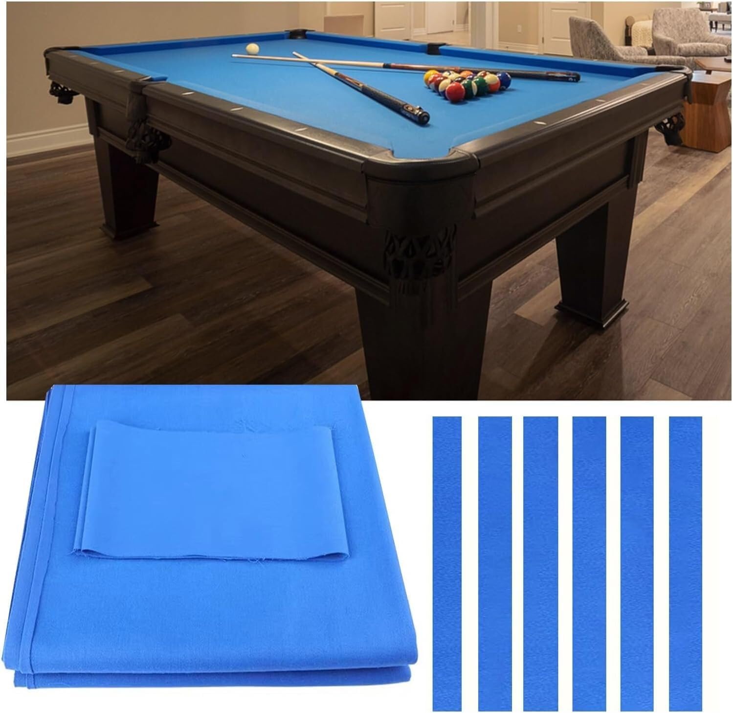 Pool Table Cloth Replacement Set, Pre-Cut Nylon and Polyester Blend(Blue)