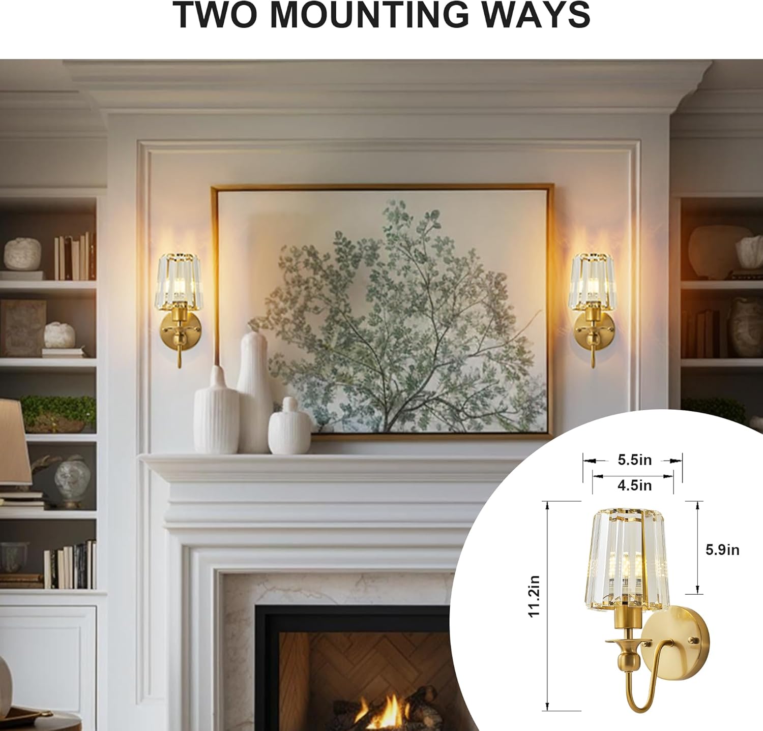 Hardwired Crystal Wall Sconces Set of Two - Dimmable Wall Light Fixtures 3000K, Warm White, for Hallway, Bathroom, Living Room, Bedroom, Brass, 11.2 Inch